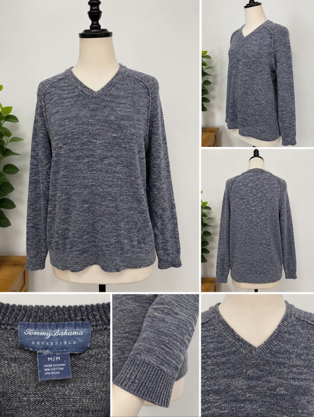 Tommy Bahama Reversible Blue Gray Sweater M Cotton Wool Pullover
